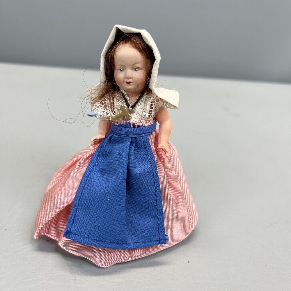 Vintage Antique French Celluloid Doll Ethnic Costume Hand Painted Face Red Hair